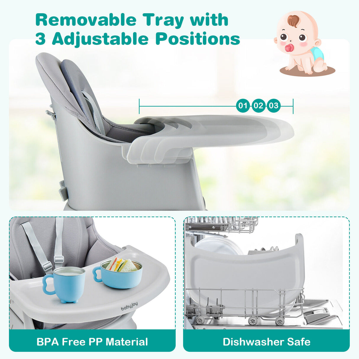 6-in-1 Convertible Baby High Chair with Adjustable Removable Tray