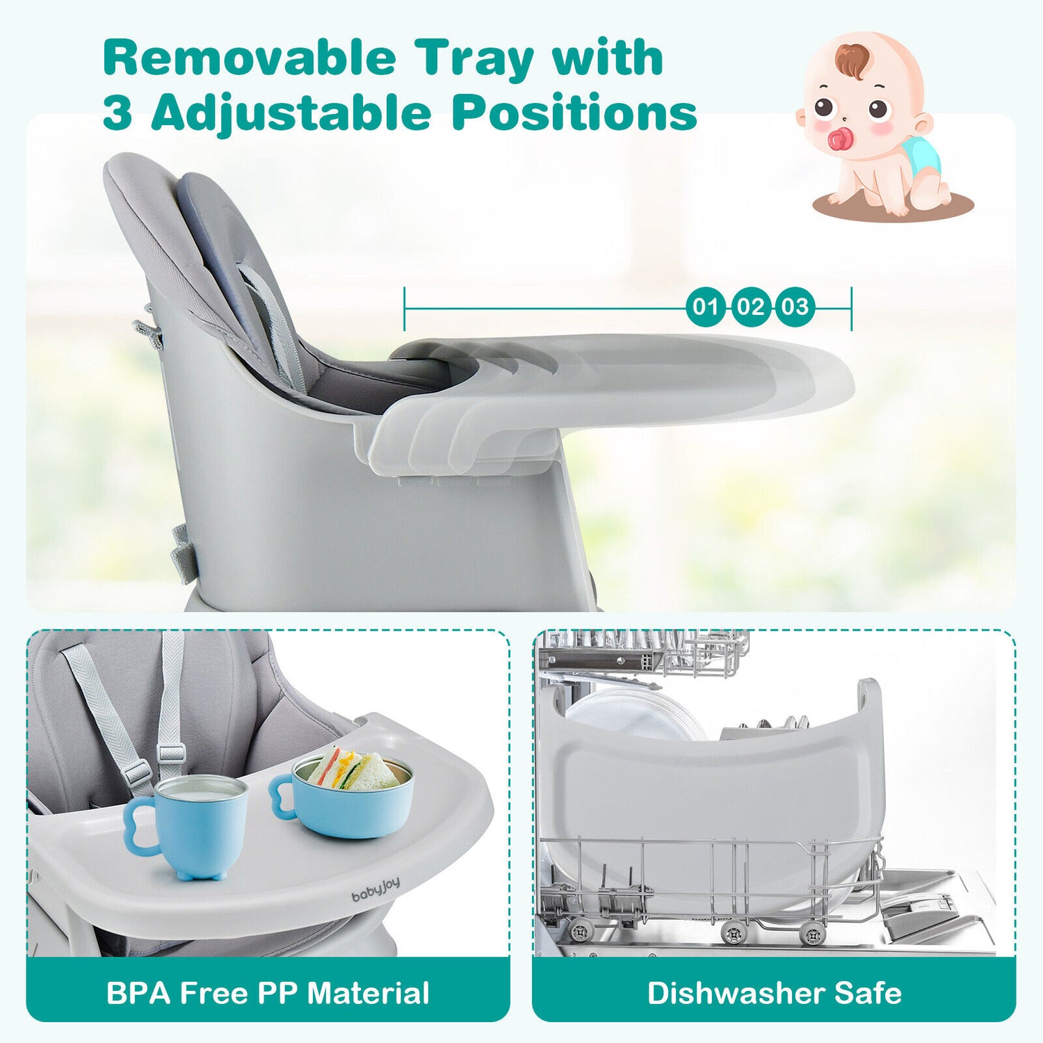 6-in-1 Convertible Baby High Chair with Adjustable Removable Tray