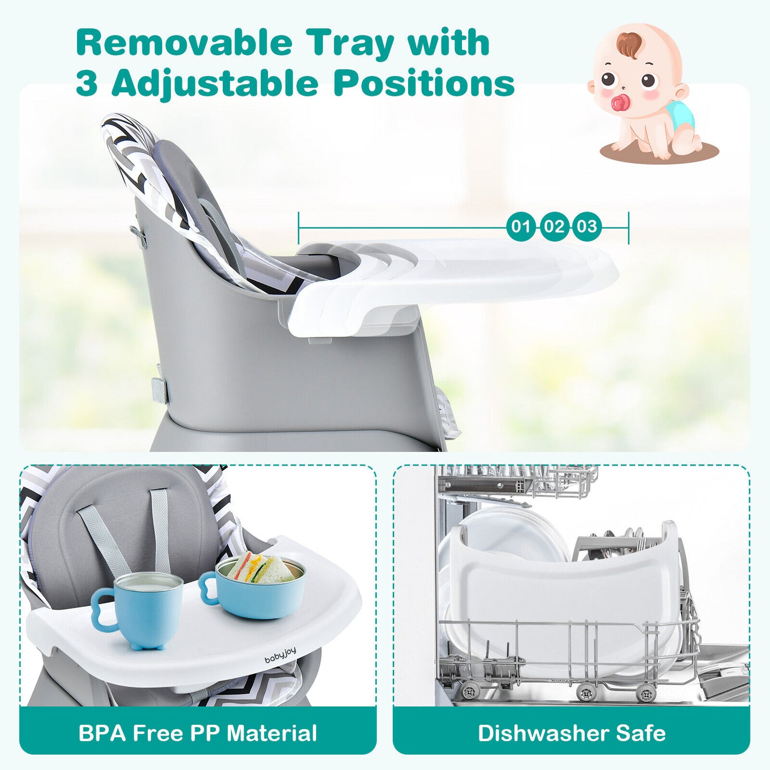 6-in-1 Convertible Baby High Chair with Adjustable Removable Tray