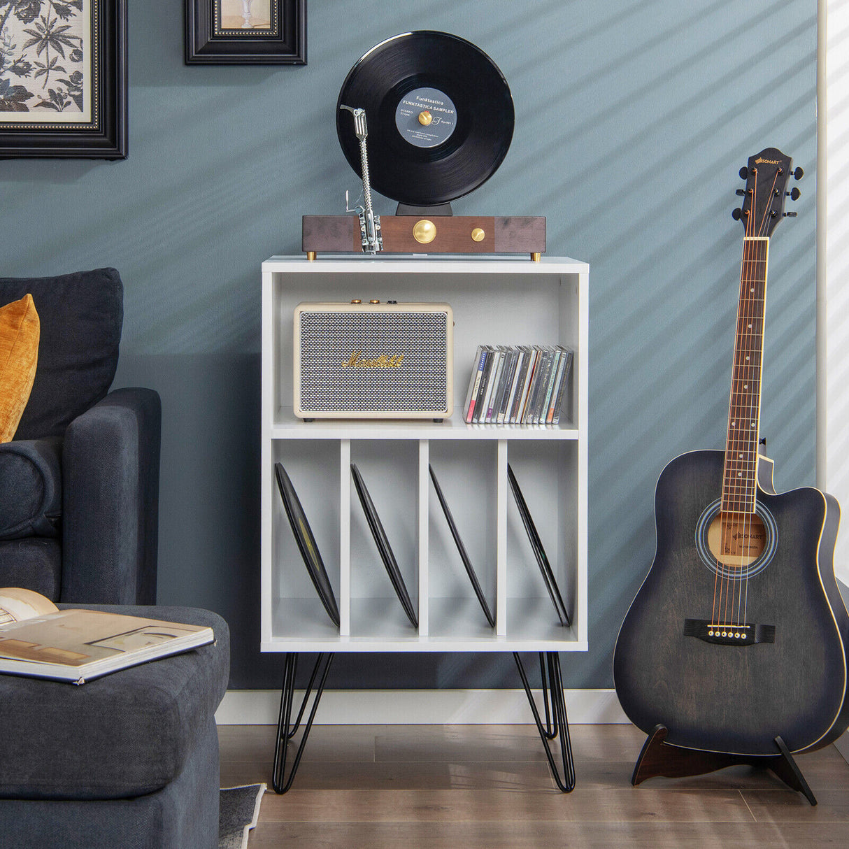 Freestanding Record Player Stand Storage Cabinet with Metal Legs