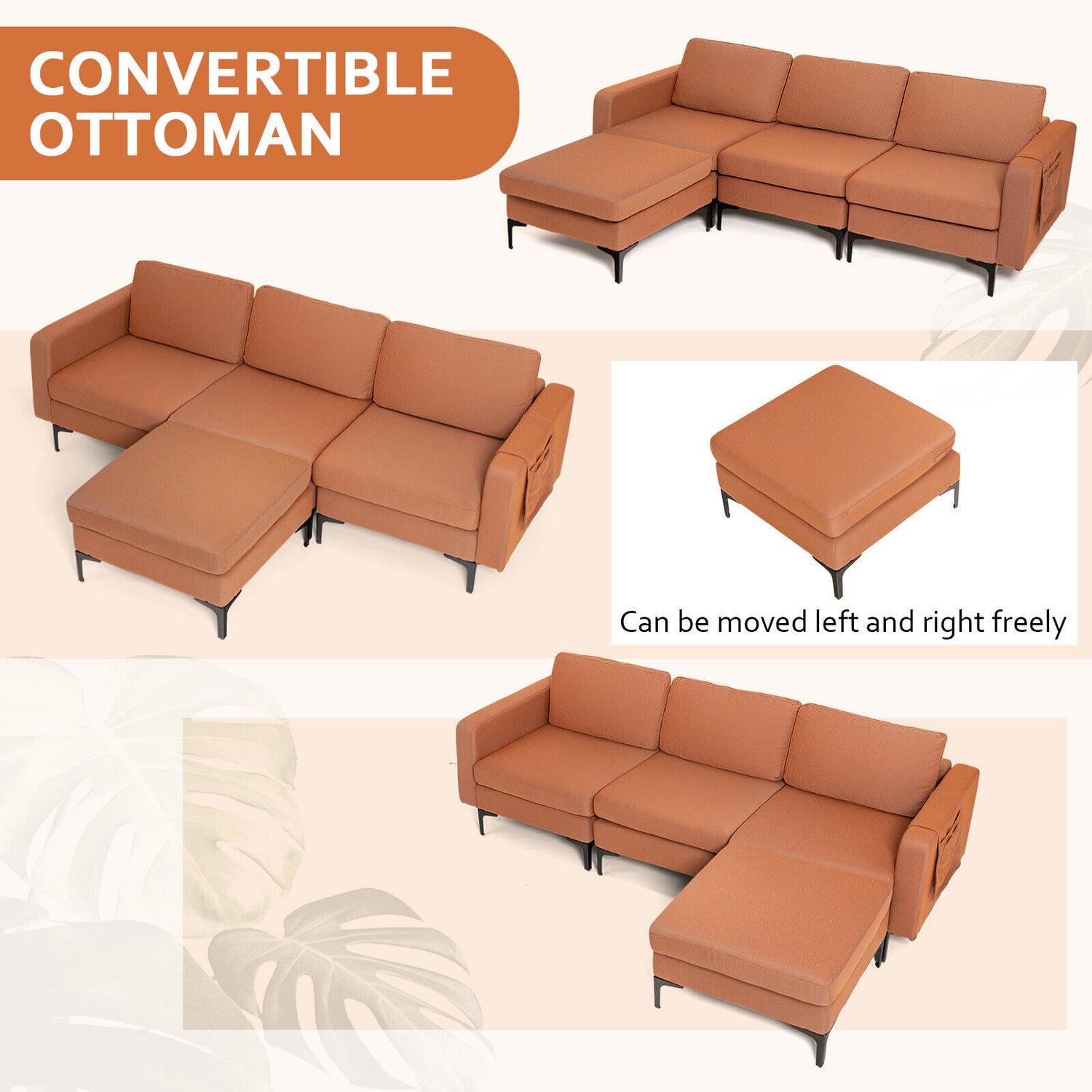 Modular 3-Seat L-shaped Sectional Sofa with Reversible Chaise and 2 USB Ports