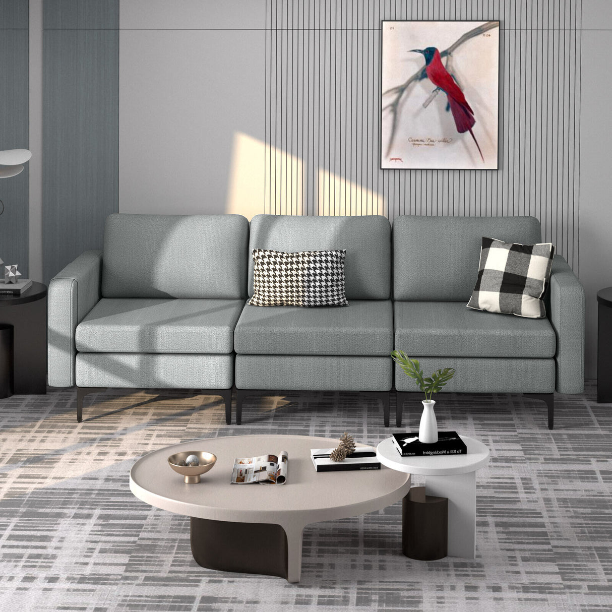 Convertible Leather Sofa Couch with Magazine Pockets 3-Seat with 2 USB Port