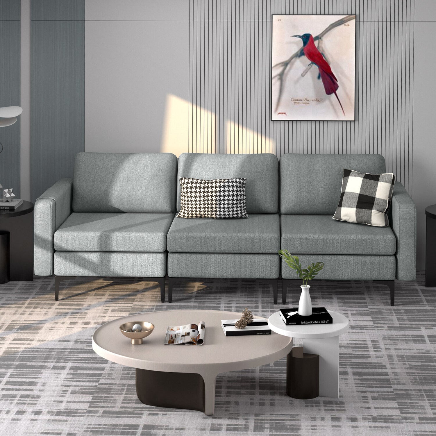 Convertible Leather Sofa Couch with Magazine Pockets 3-Seat with 2 USB Port