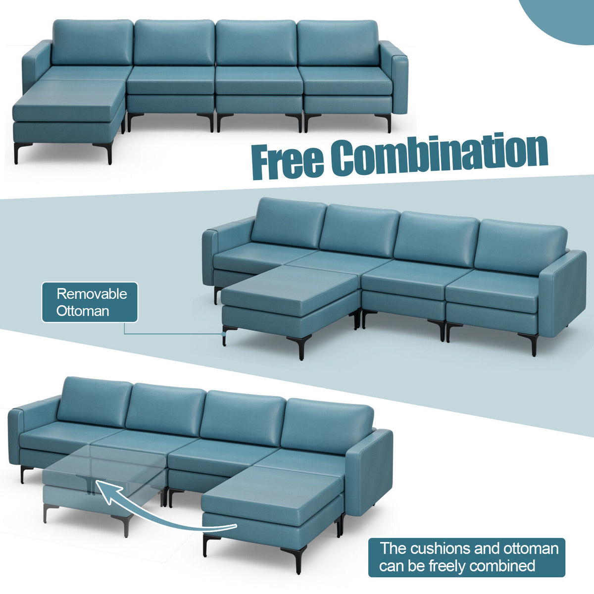 1/2/3/4-Seat Convertible Sectional Sofa with Reversible Ottoman-4-Seat L-shaped with 2 USB Ports