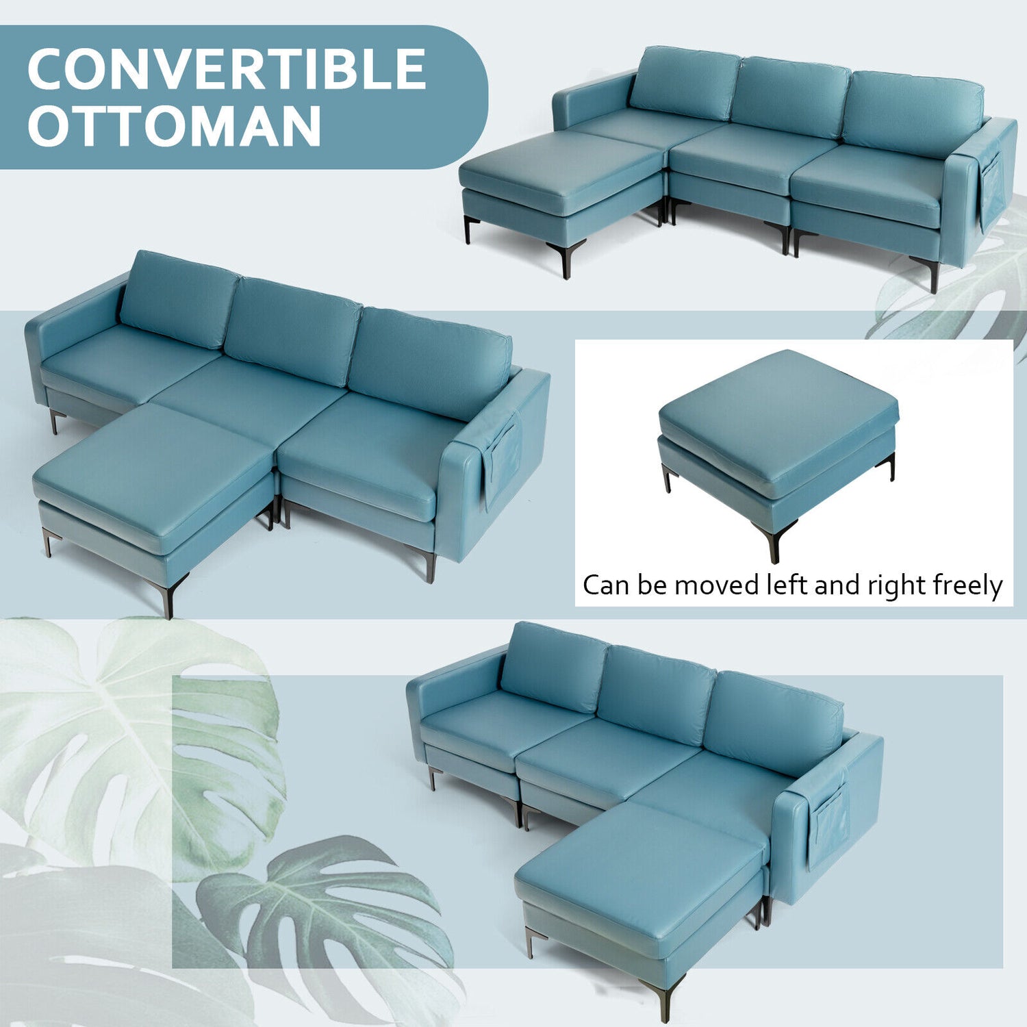 Modular 3-Seat L-shaped Sectional Sofa with Reversible Chaise and 2 USB Ports