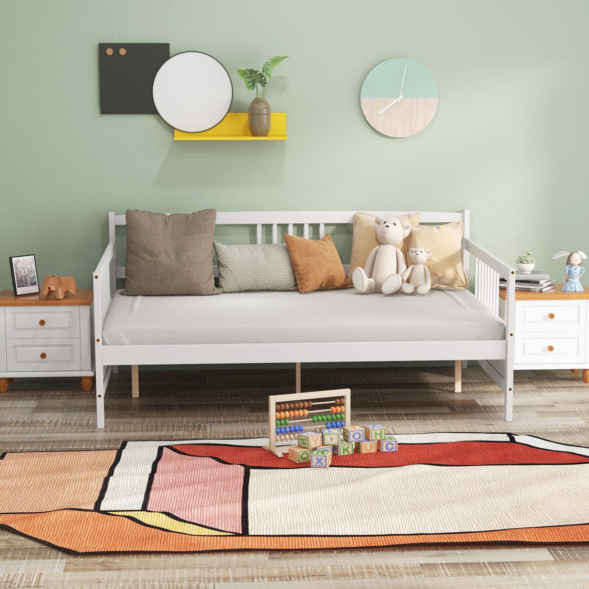 Wooden Full Size Daybed Frame with Guardrails-White