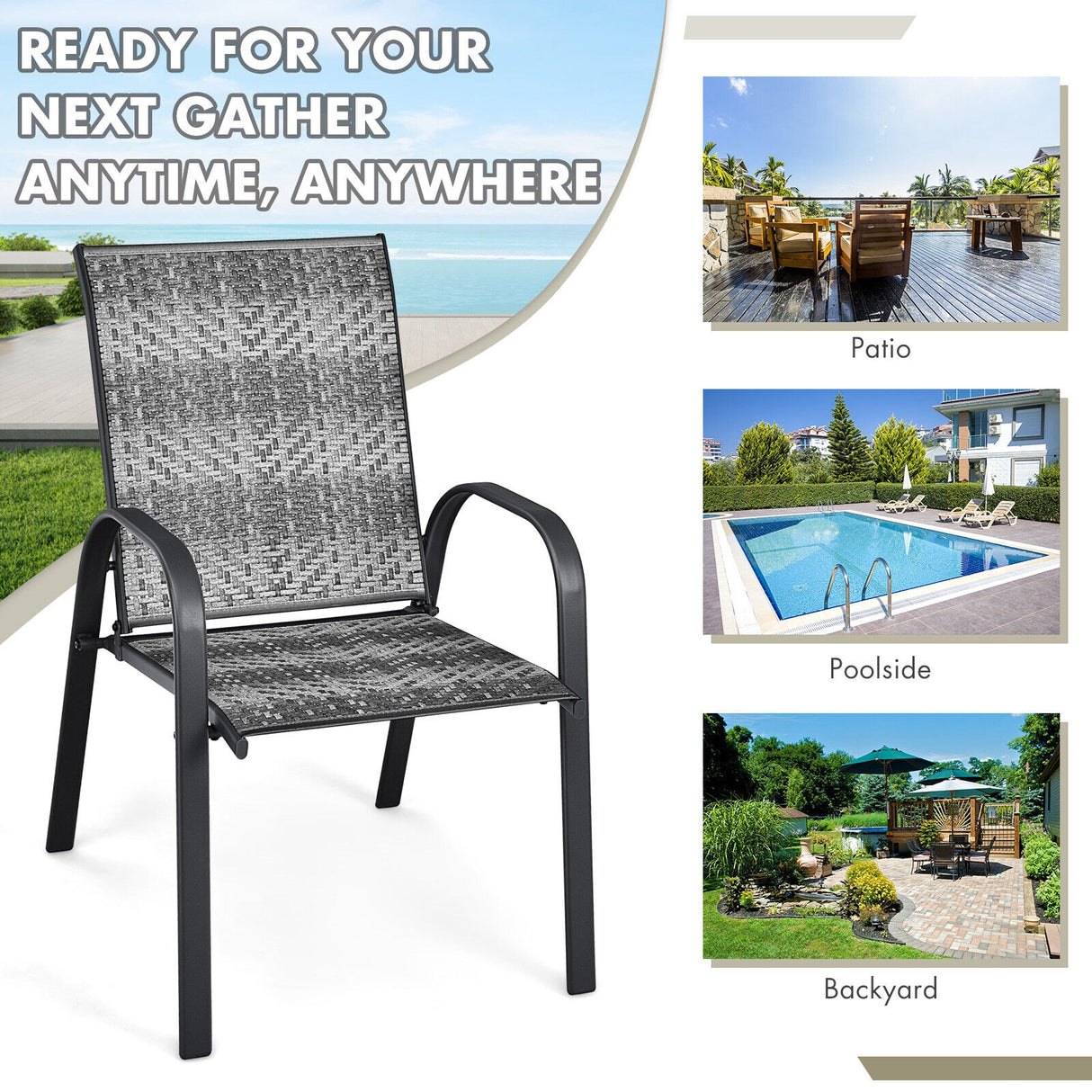 Set of 6 Outdoor PE Wicker Stackable Chairs with Sturdy Steel Frame