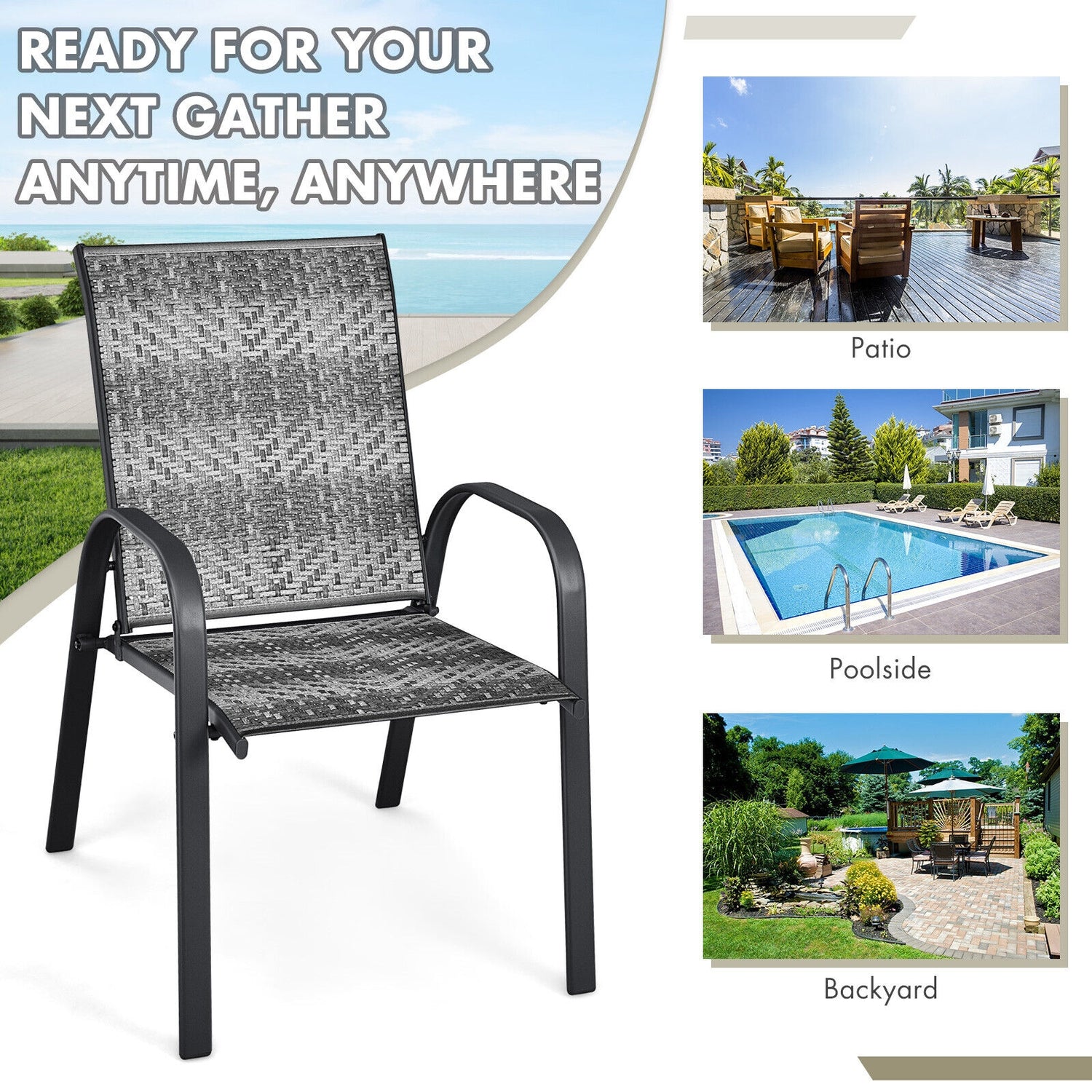 Set of 6 Outdoor PE Wicker Stackable Chairs with Sturdy Steel Frame