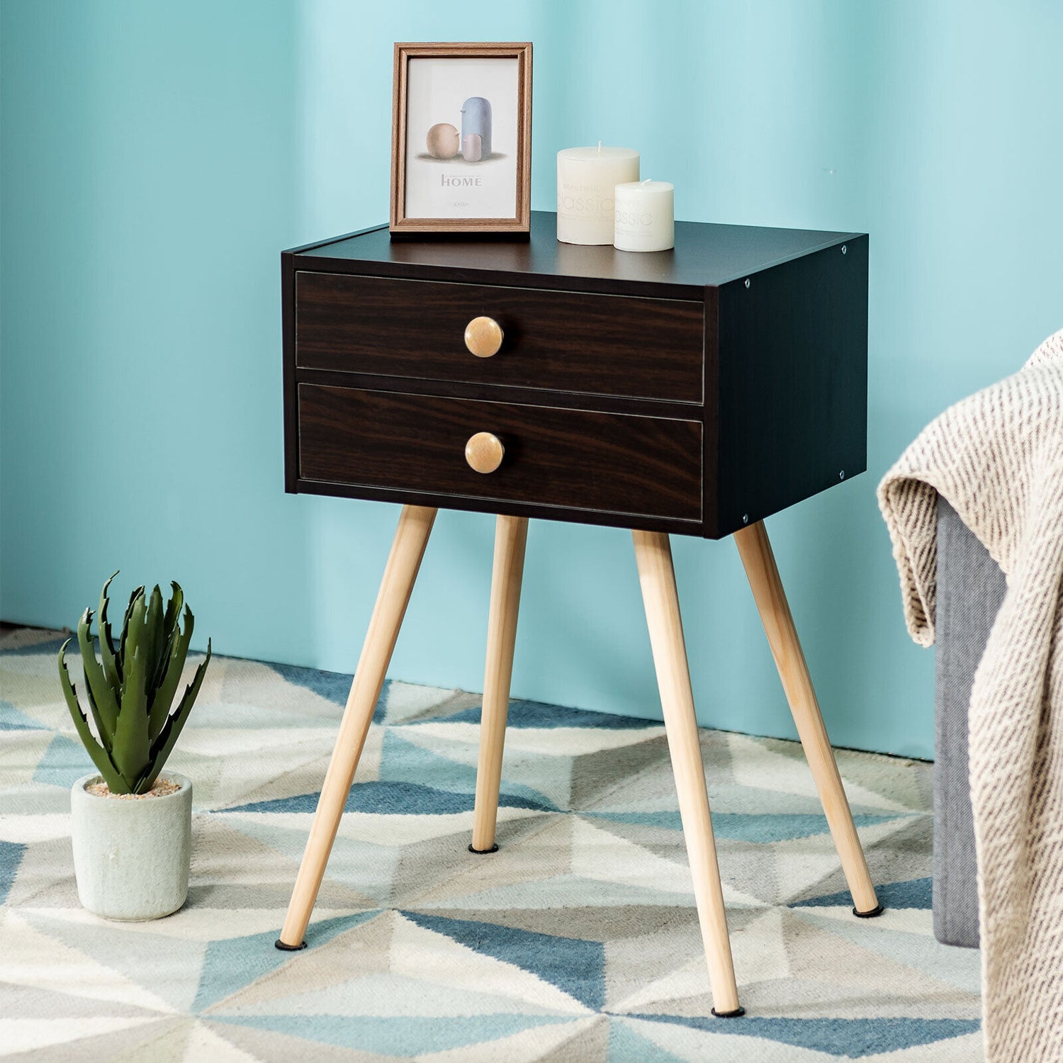 Modern Nightstand Bedside Table Mid Century with 2 Drawers