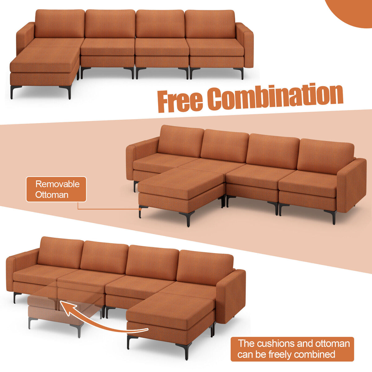 1/2/3/4-Seat Convertible Sectional Sofa with Reversible Ottoman-4-Seat L-shaped with 2 USB Ports