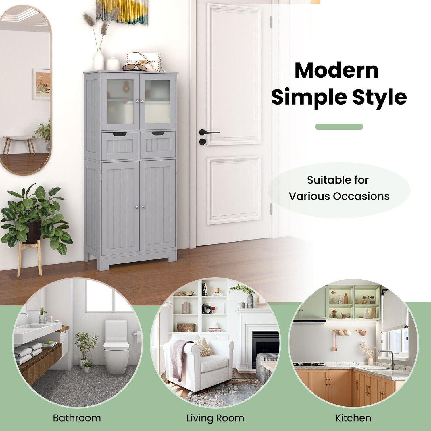 4 Door Freee-Standing Bathroom Cabinet with 2 Drawers and Glass Doors