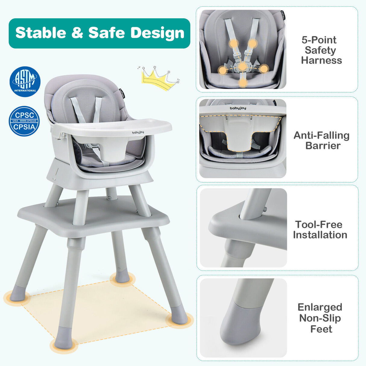 6-in-1 Convertible Baby High Chair with Adjustable Removable Tray