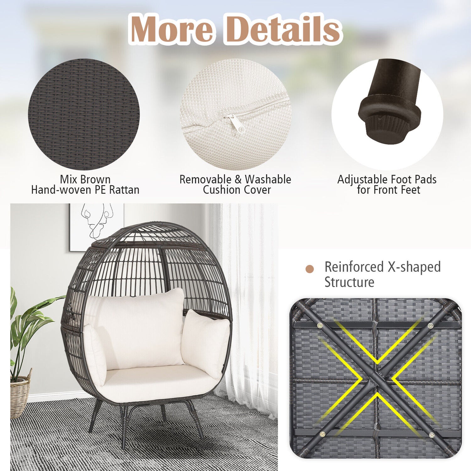 Oversized Patio Rattan Egg Lounge Chair with 4 Cushions