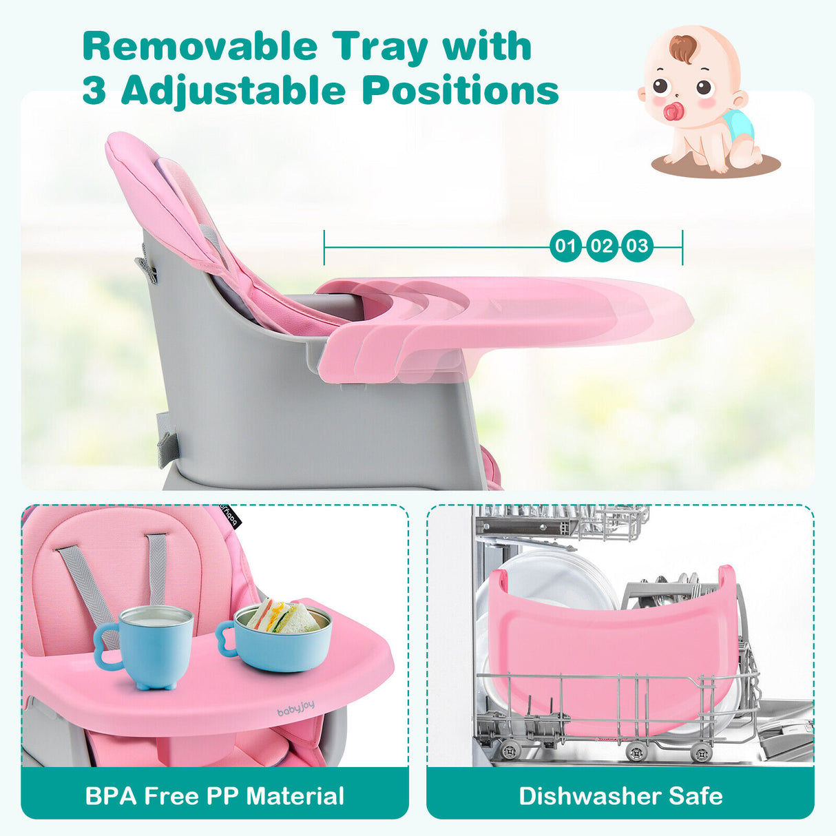 6-in-1 Convertible Baby High Chair with Adjustable Removable Tray