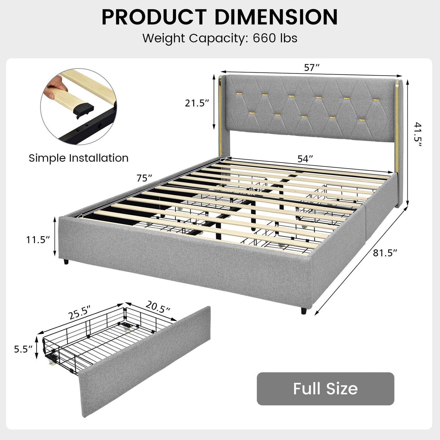 Full/Queen Size Upholstered Bed Frame with 4 Drawers-Silver-Full Size