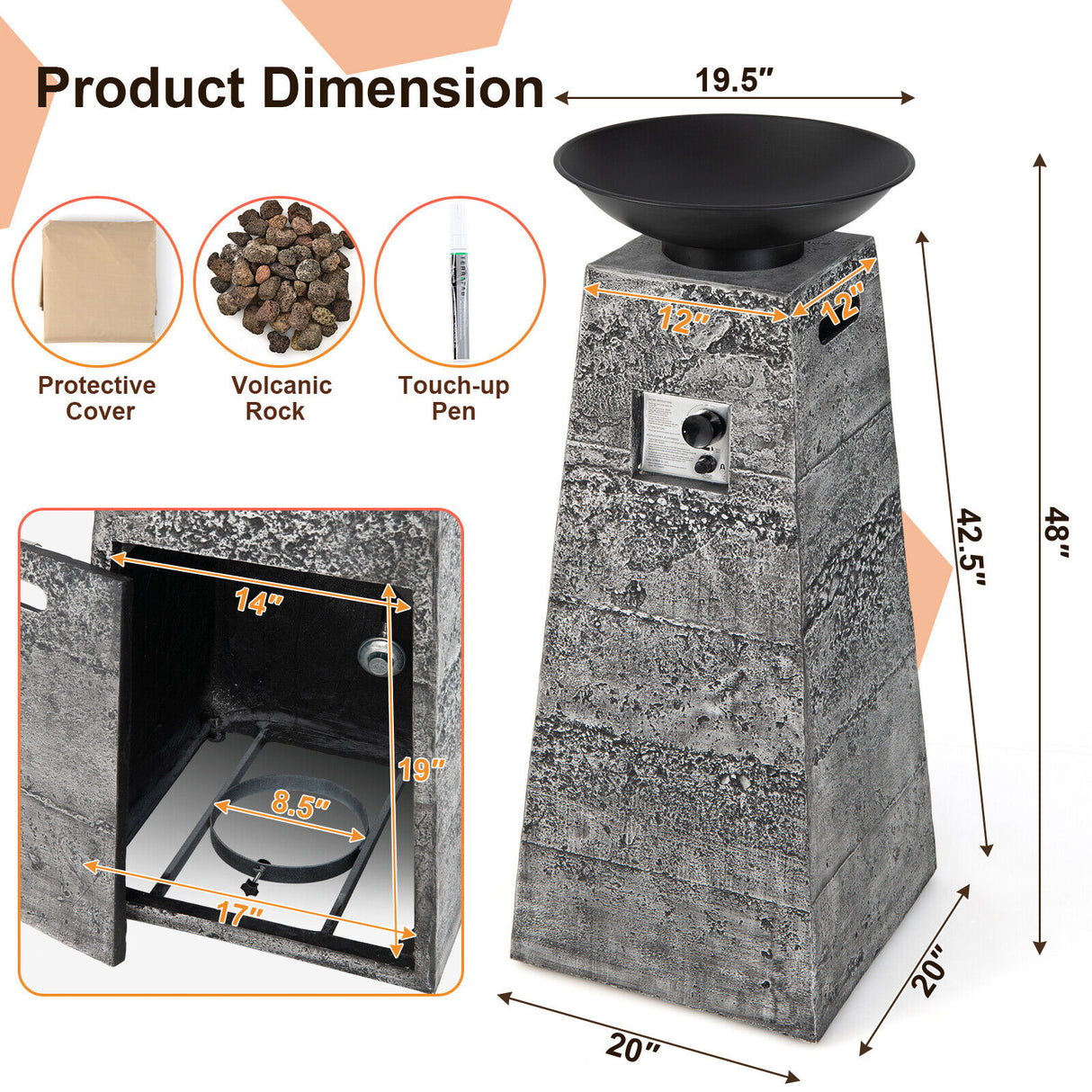 48 Inch Propane Fire Bowl Column with Lava Rocks and PVC Cover-Gray