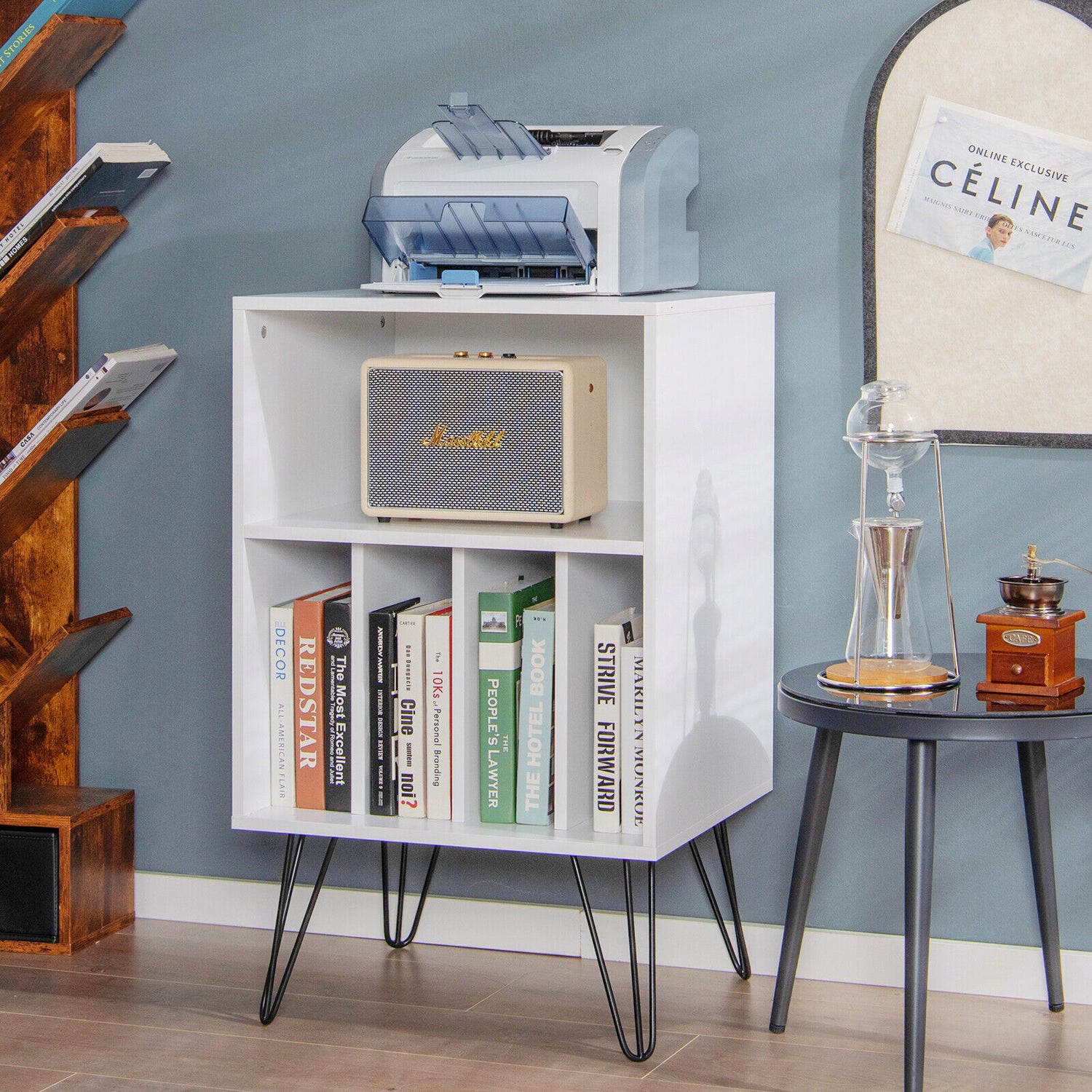 Freestanding Record Player Stand Storage Cabinet with Metal Legs