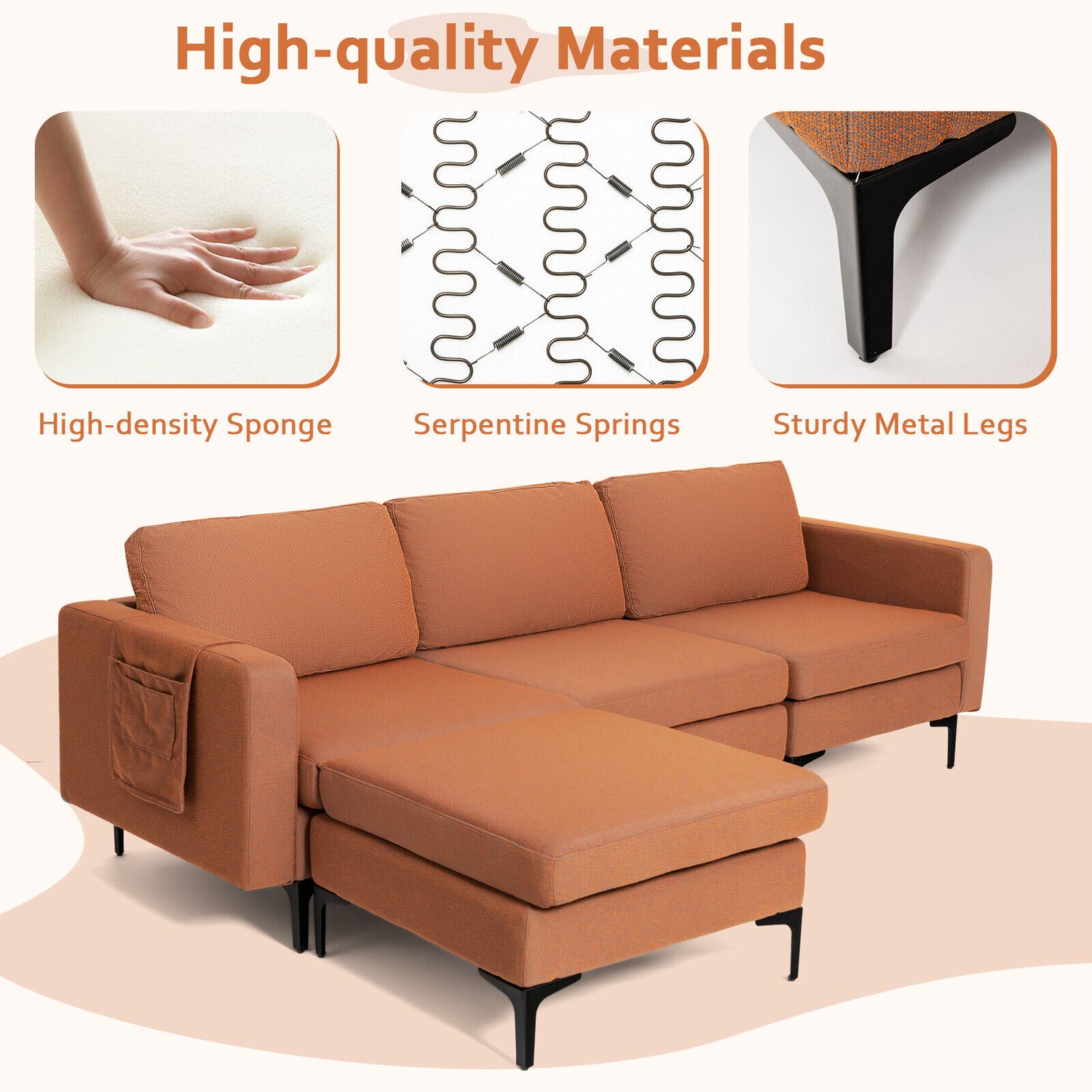Modular 3-Seat L-shaped Sectional Sofa with Reversible Chaise and 2 USB Ports