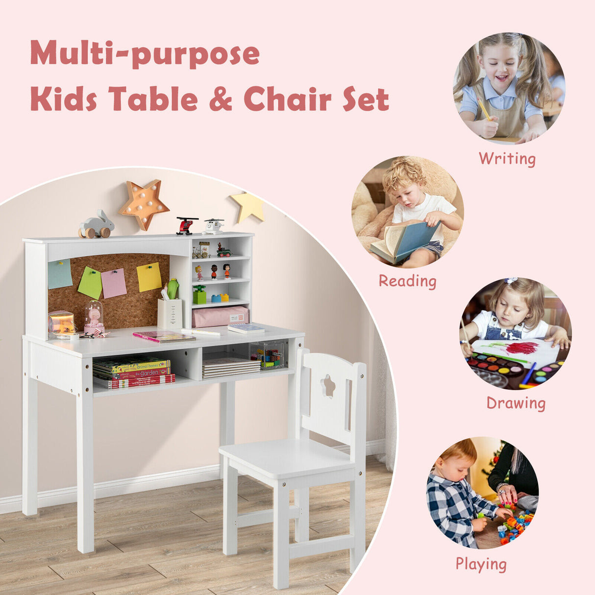 Kids Desk and Chair Set with Hutch and Bulletin Board for 3+ Kids