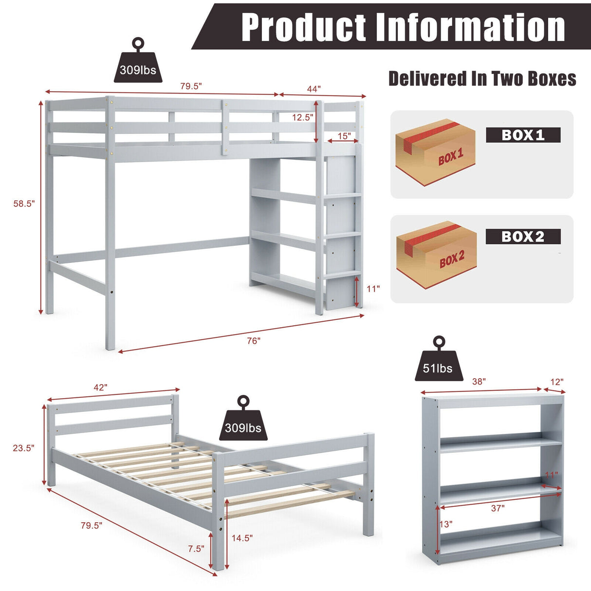 Twin Over Twin Loft Bunk Bed with Bookcase