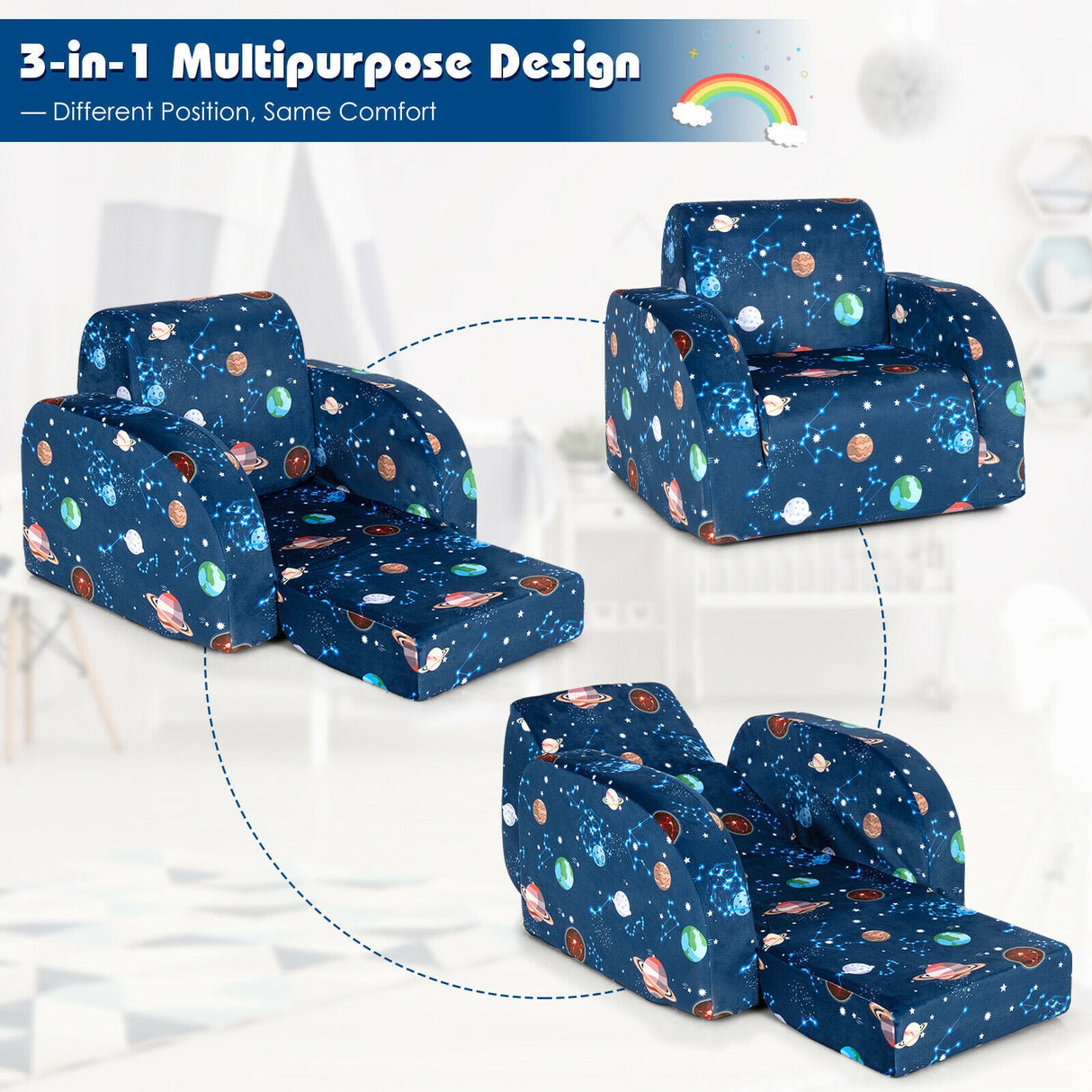 3-in-1 Convertible Kid Sofa Bed Flip-Out Chair Lounger for Toddler