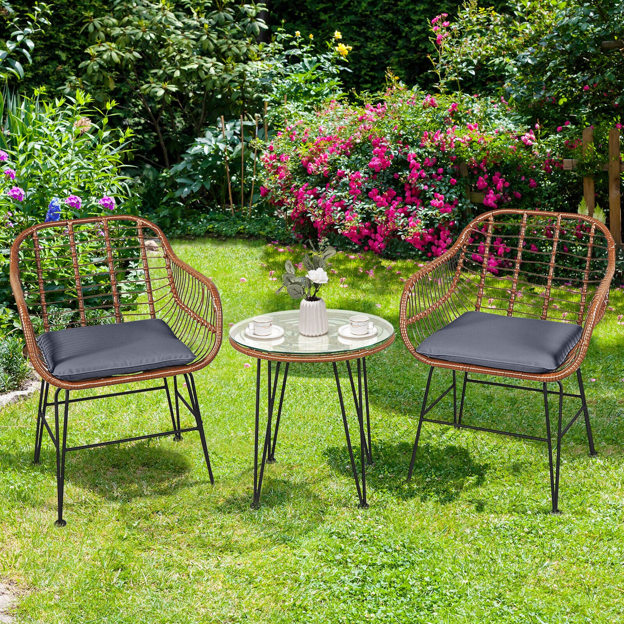 3 Pieces Patio Rattan Bistro Set with Cushion