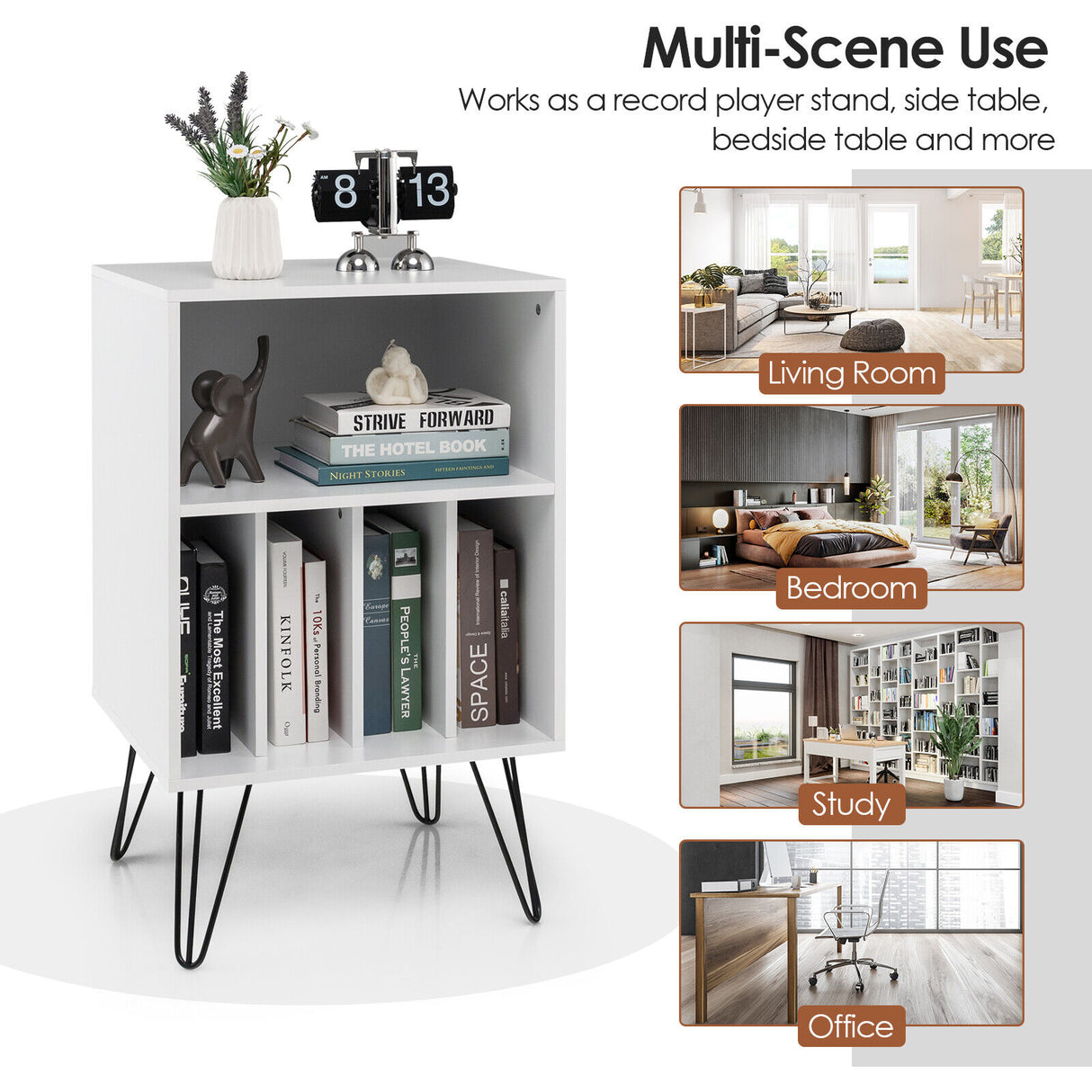 Freestanding Record Player Stand Storage Cabinet with Metal Legs
