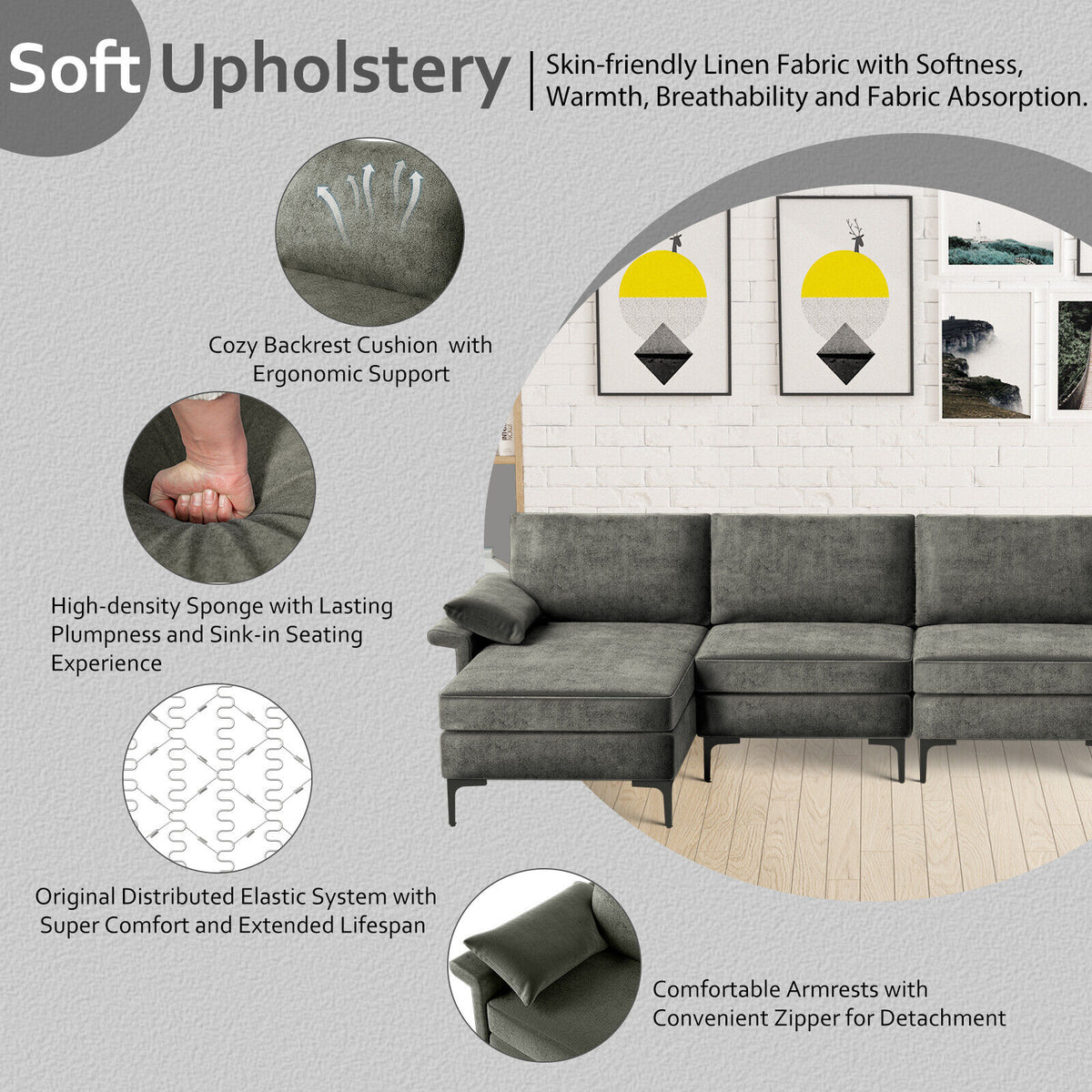 Extra Large L-shaped Sectional Sofa with Reversible Chaise and 2 USB Ports for 4-5 People