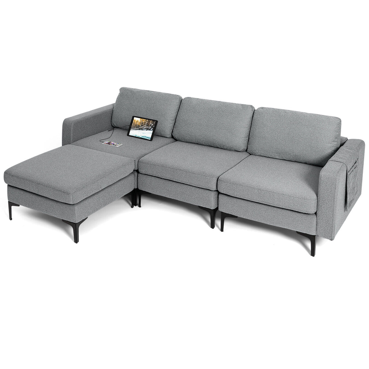 Modular 3-Seat L-shaped Sectional Sofa with Reversible Chaise and 2 USB Ports
