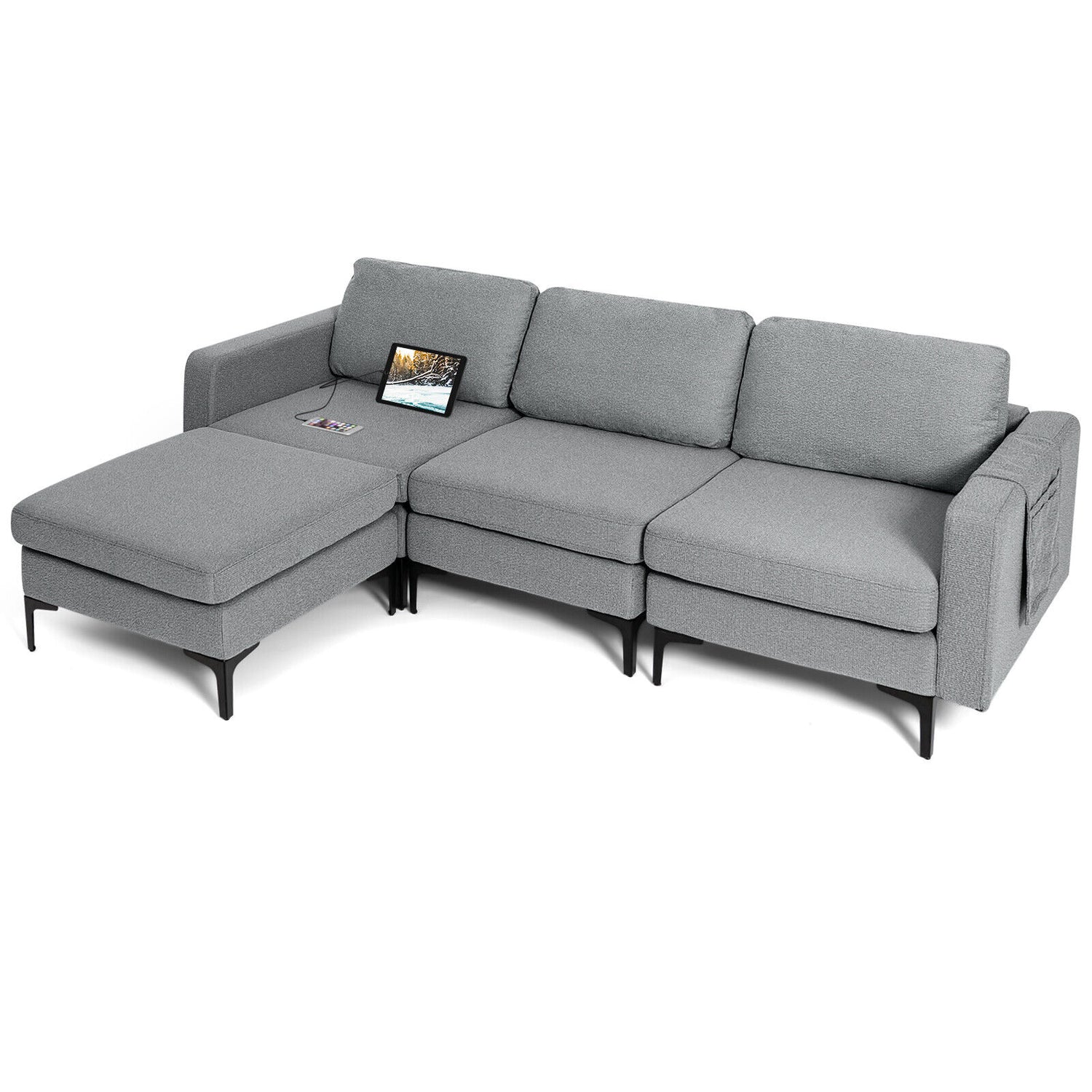 Modular 3-Seat L-shaped Sectional Sofa with Reversible Chaise and 2 USB Ports