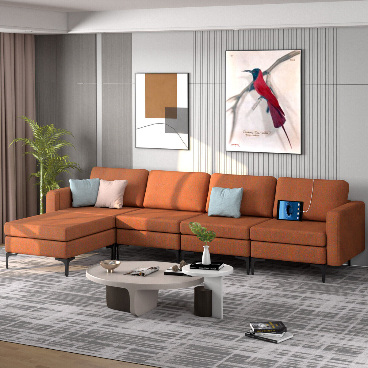 1/2/3/4-Seat Convertible Sectional Sofa with Reversible Ottoman-4-Seat L-shaped with 2 USB Ports