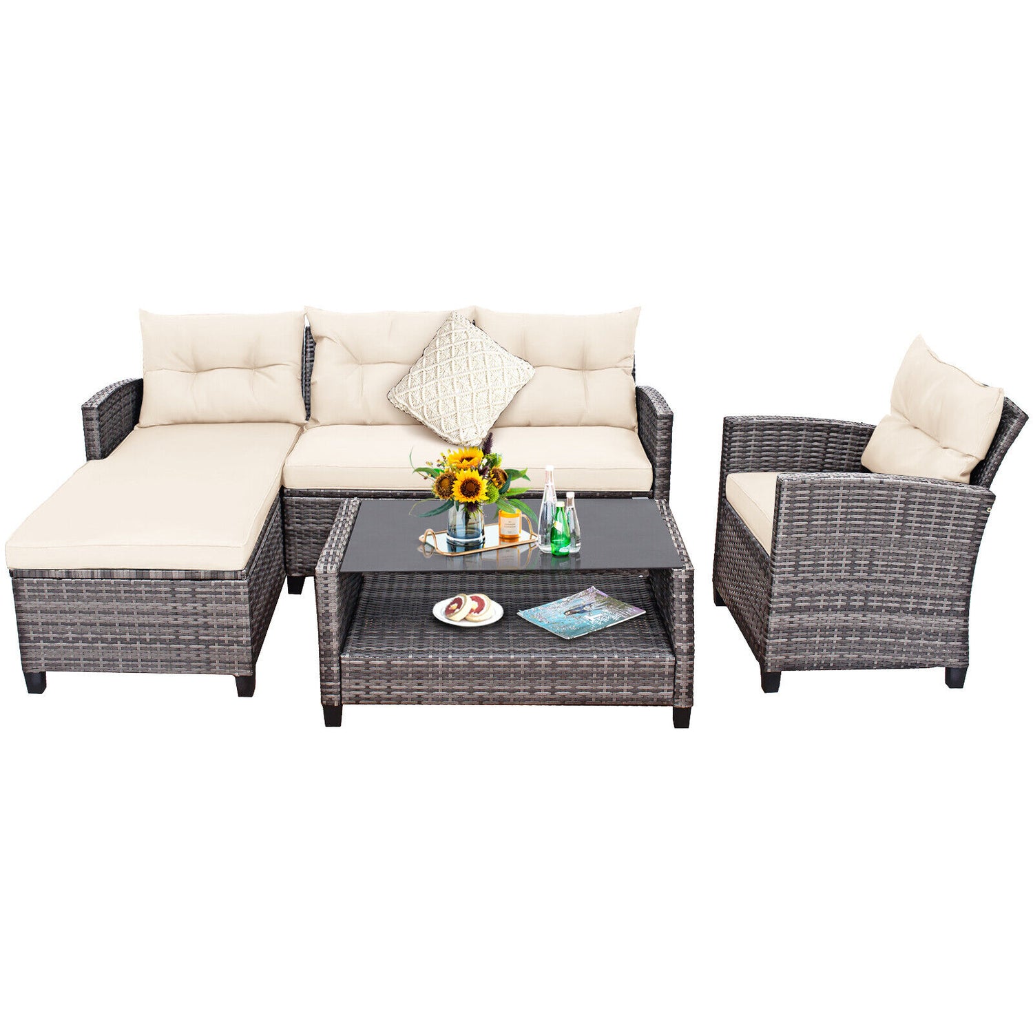 4 Pieces Patio Rattan Furniture Set with Cushion and Table Shelf