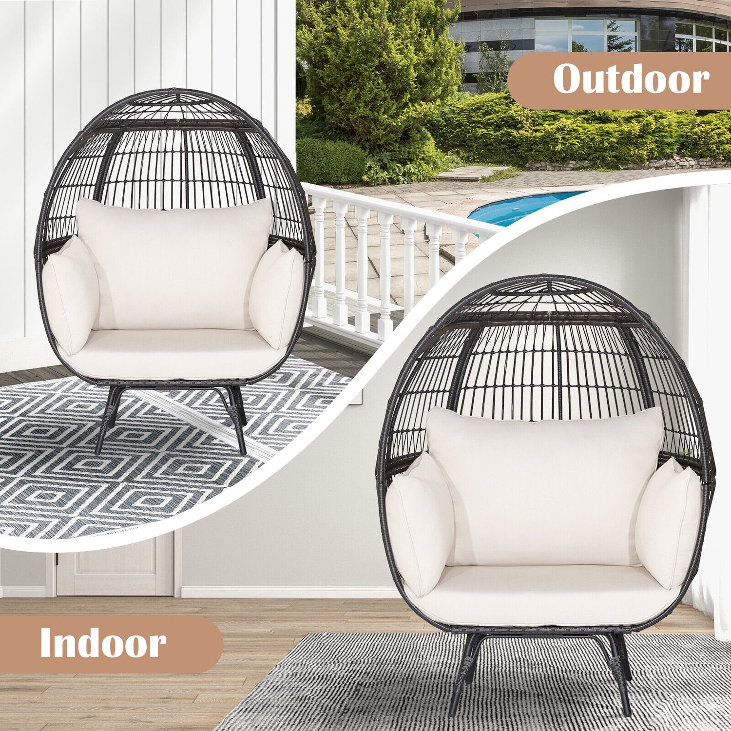 Oversized Patio Rattan Egg Lounge Chair with 4 Cushions