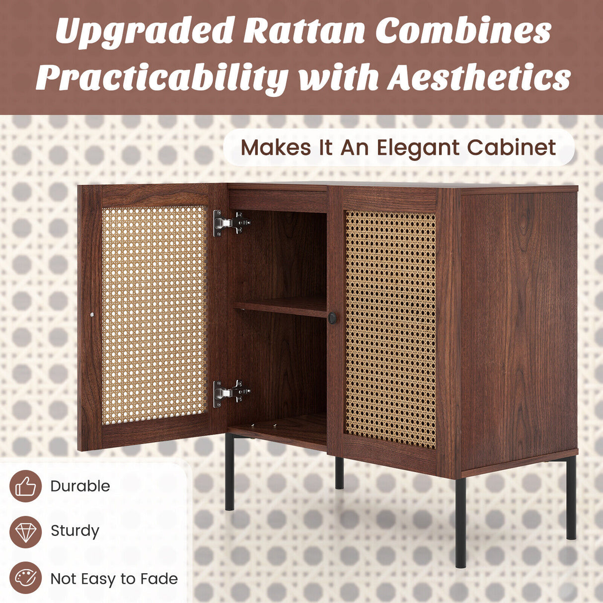 Kitchen Sideboard with 2 Rattan Doors and Adjustable Shelf