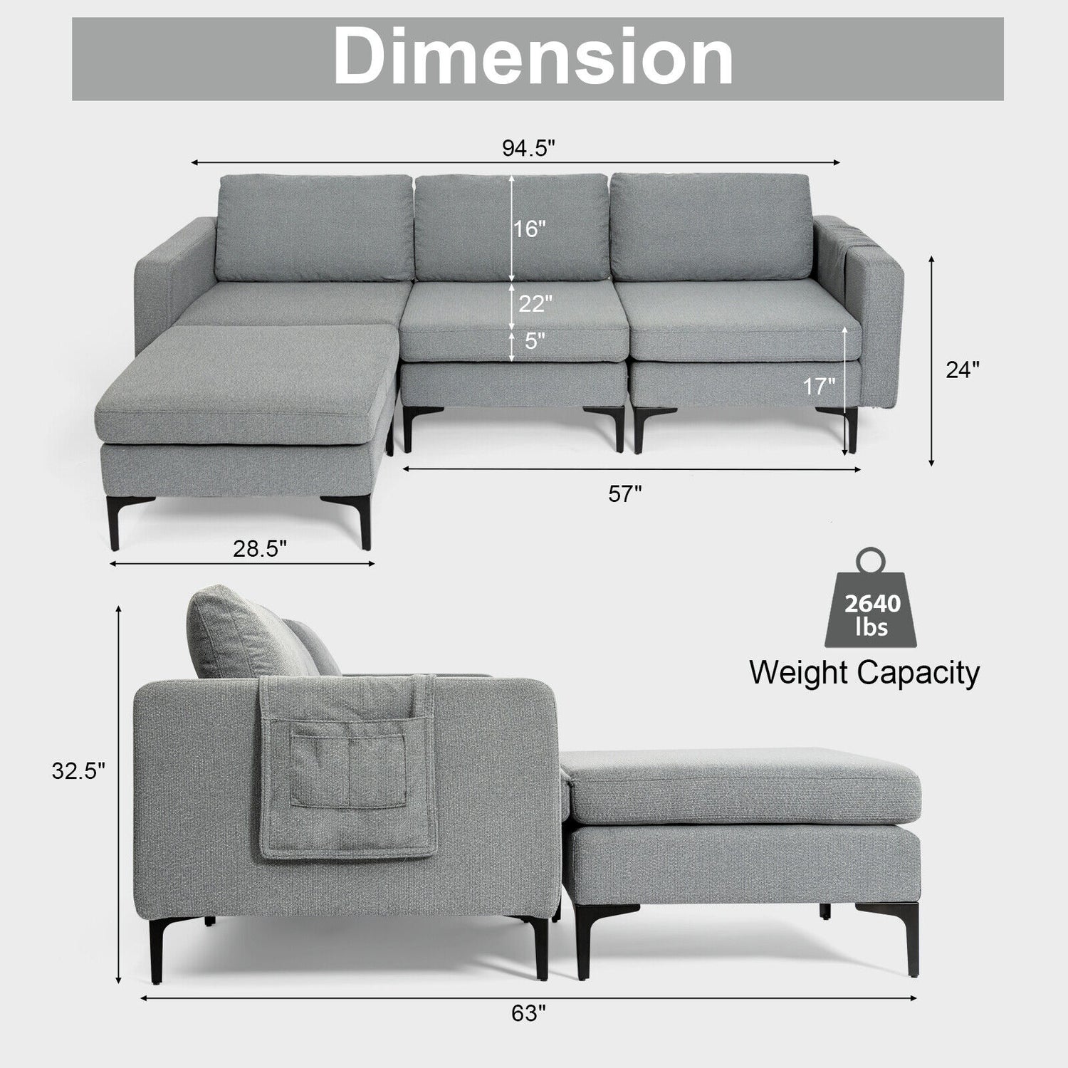 Modular 3-Seat L-shaped Sectional Sofa with Reversible Chaise and 2 USB Ports