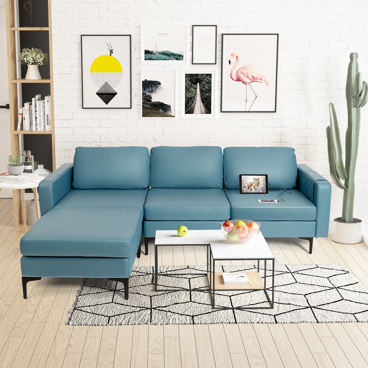 Modular 3-Seat L-shaped Sectional Sofa with Reversible Chaise and 2 USB Ports