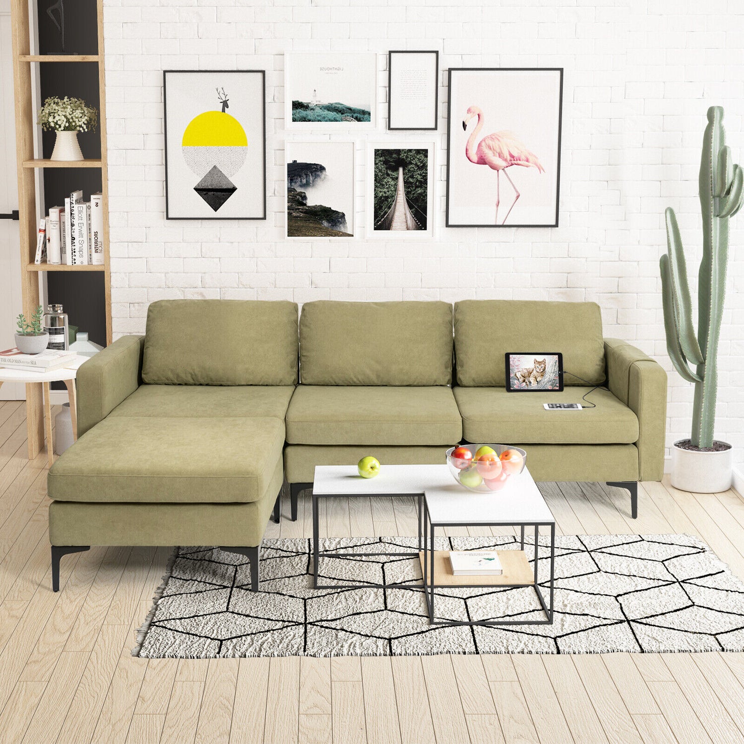 Modular 3-Seat L-shaped Sectional Sofa with Reversible Chaise and 2 USB Ports