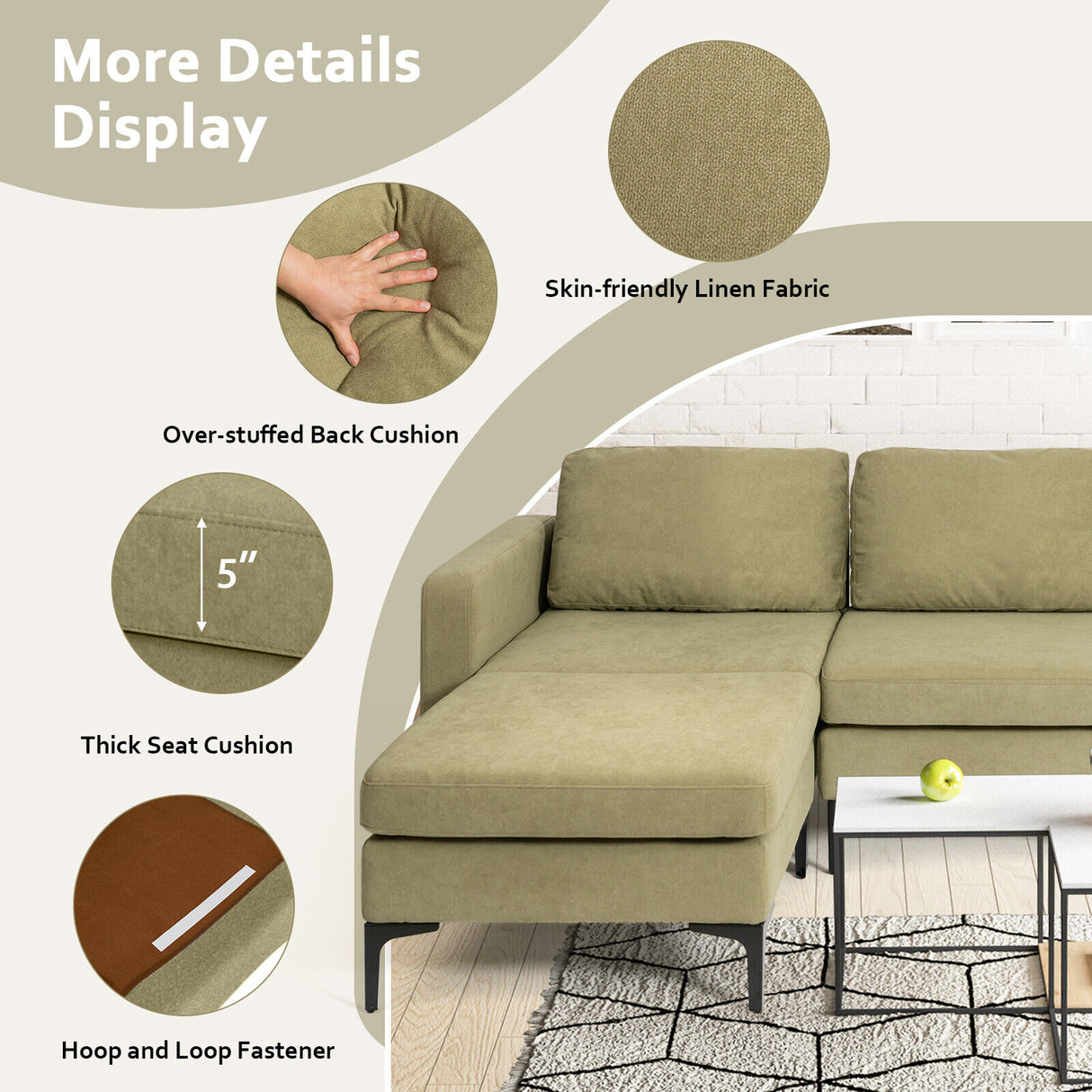 Modular 3-Seat L-shaped Sectional Sofa with Reversible Chaise and 2 USB Ports