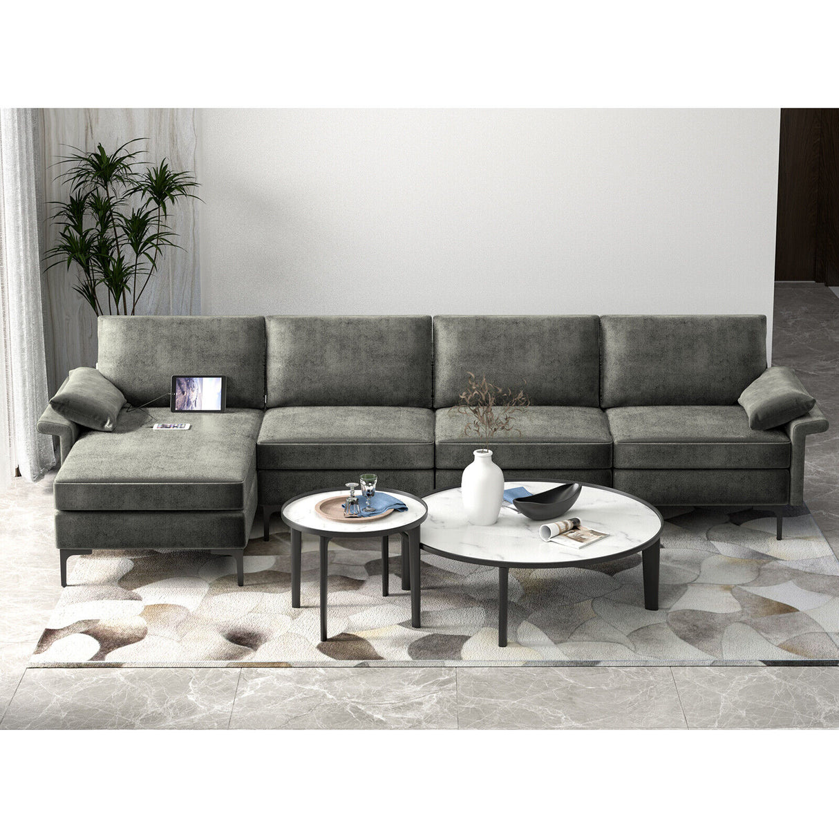 Extra Large L-shaped Sectional Sofa with Reversible Chaise and 2 USB Ports for 4-5 People