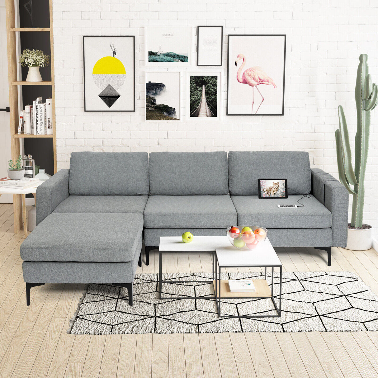 Modular 3-Seat L-shaped Sectional Sofa with Reversible Chaise and 2 USB Ports