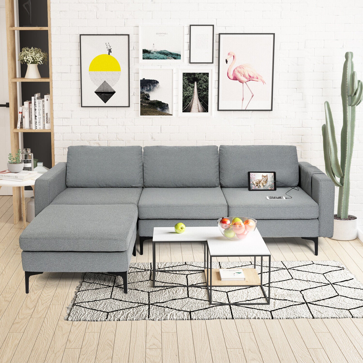 Modular 3-Seat L-shaped Sectional Sofa with Reversible Chaise and 2 USB Ports