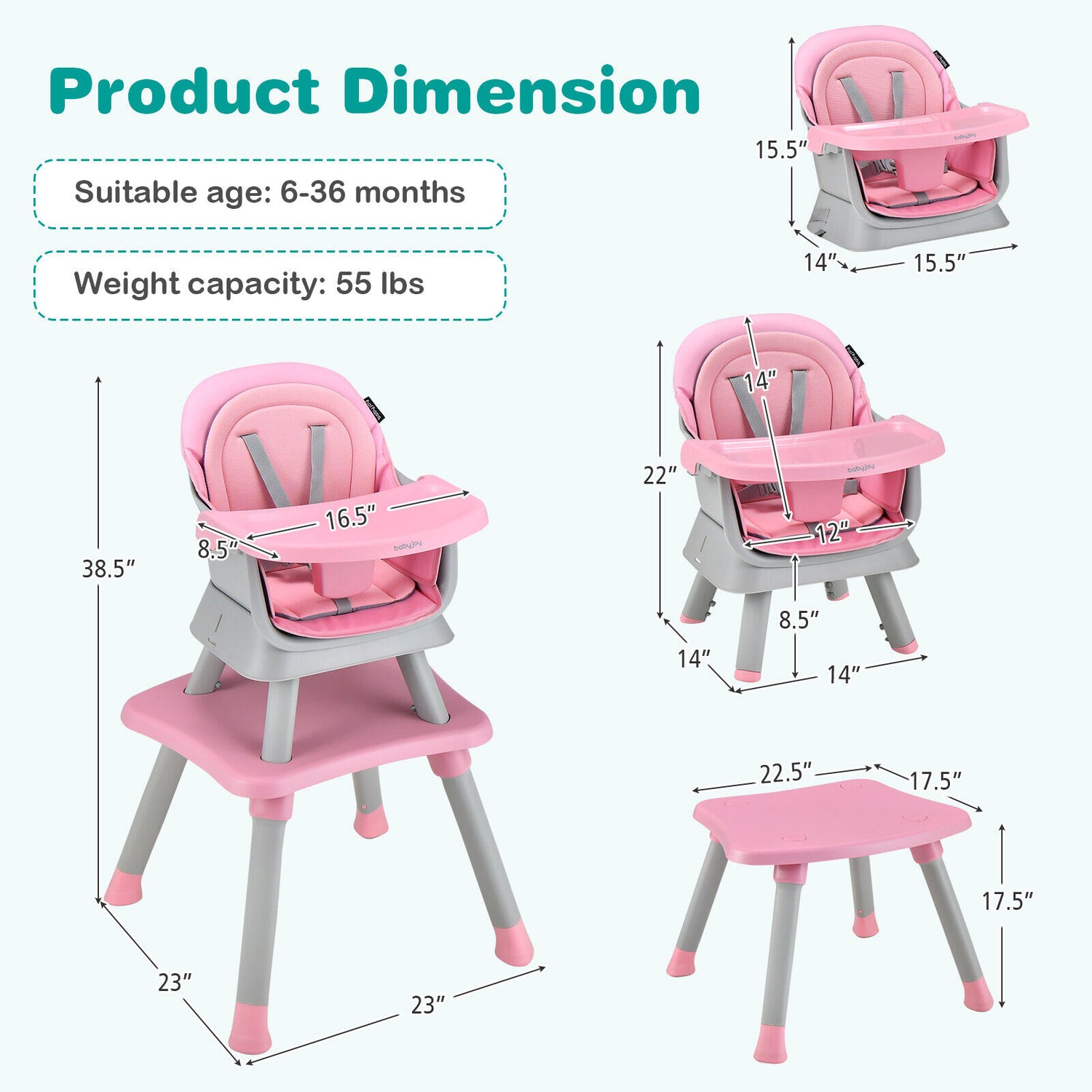6-in-1 Convertible Baby High Chair with Adjustable Removable Tray