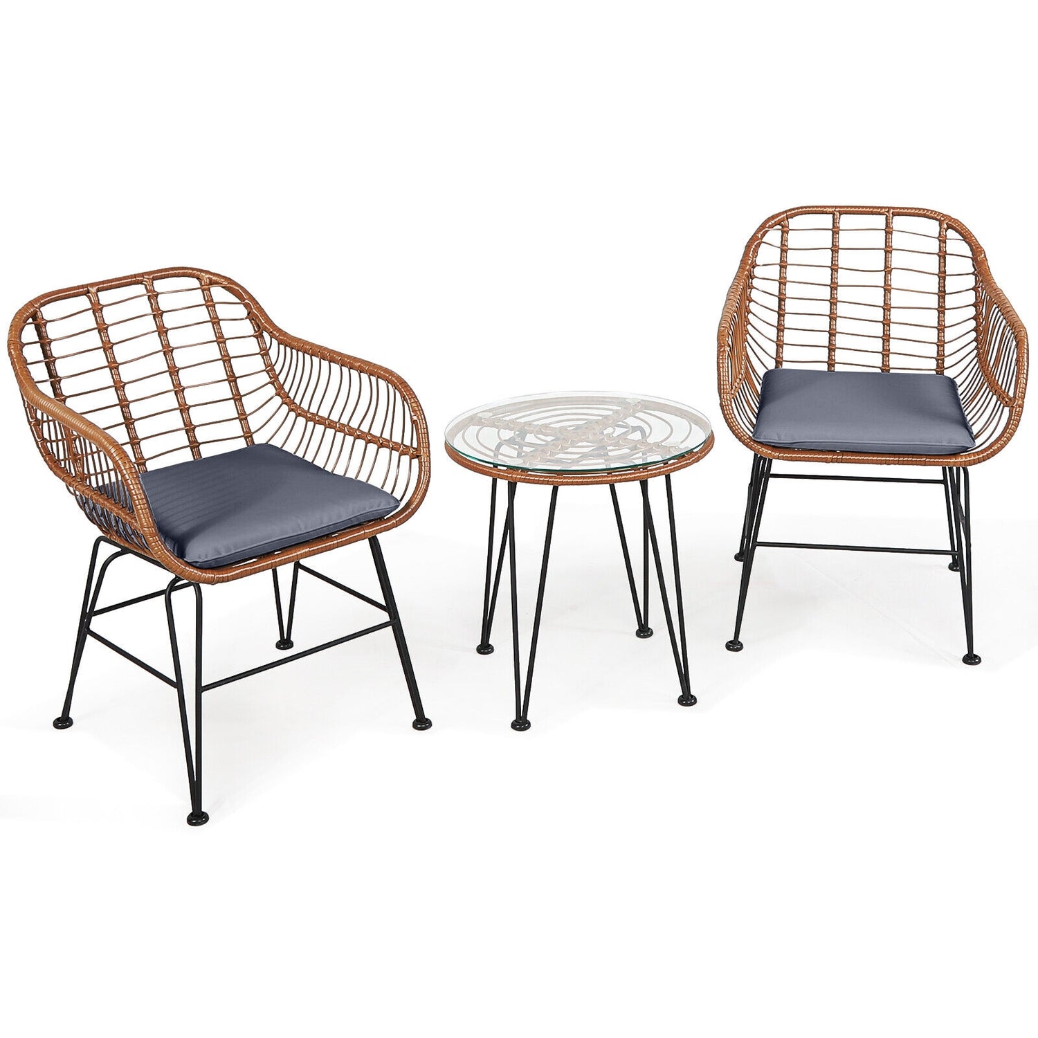3 Pieces Patio Rattan Bistro Set with Cushion