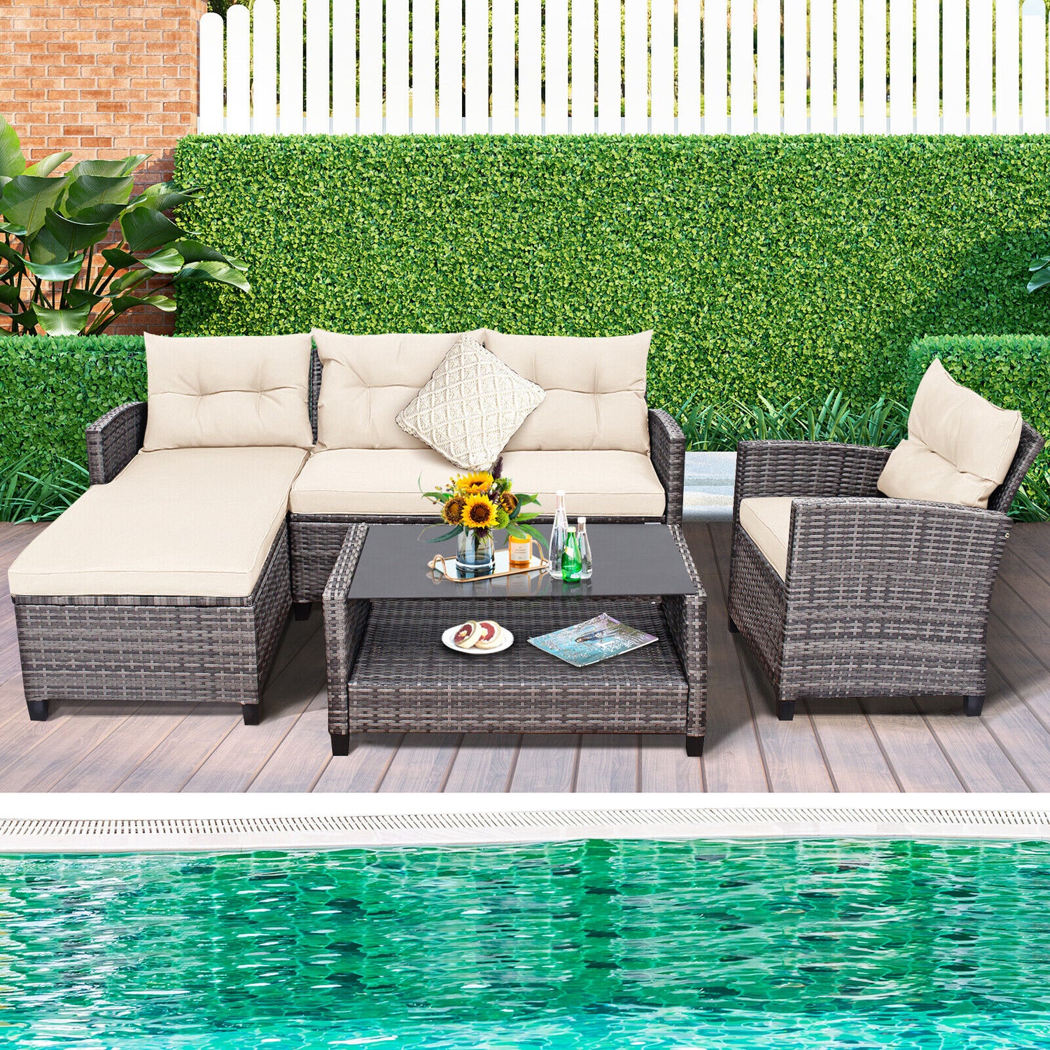 4 Pieces Patio Rattan Furniture Set with Cushion and Table Shelf
