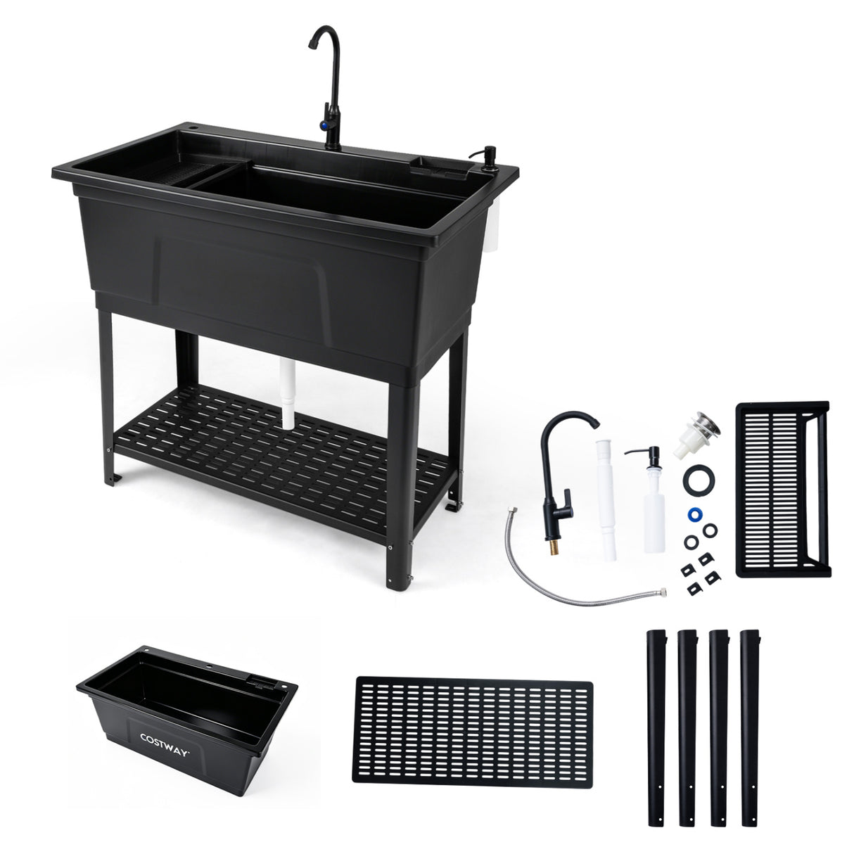100L Utility Sink Laundry Tub with Rotating Faucet and Storage Shelf-Black