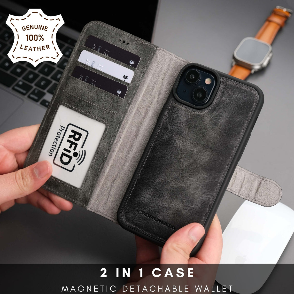 Casper Leather iPhone 15 Plus Wallet Case | Detachable MagSafe Compatible RFID Protection