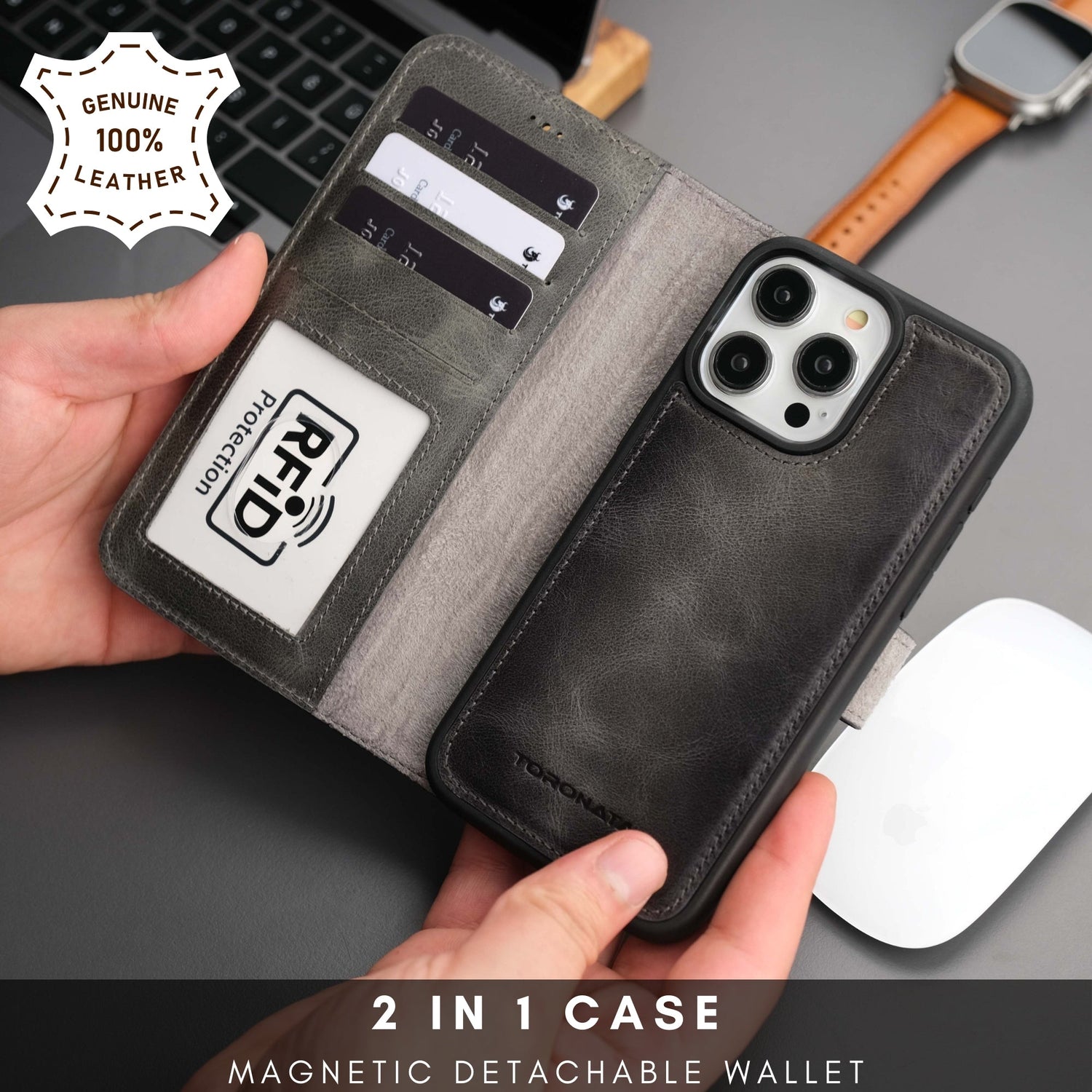 Casper Leather iPhone 15 Pro Wallet Case | Detachable MagSafe Compatible RFID Protection