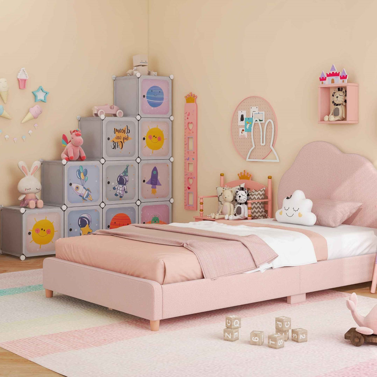 3 Pieces Kids' Room Bundle: Twin Bed Frame Wardrobe Closet Vanity Table and Stool Set