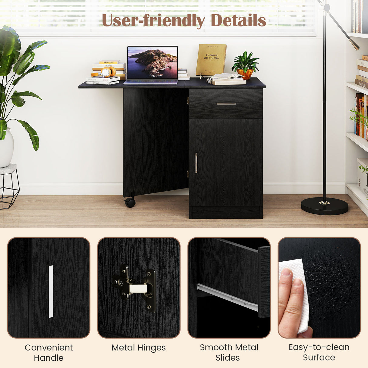 Folding Computer Desk with Drawer Mobile Home Office Desk with Cabinet