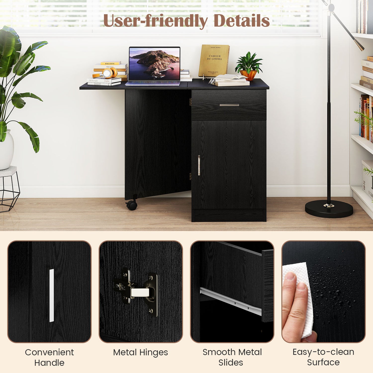 Folding Computer Desk with Drawer Mobile Home Office Desk with Cabinet